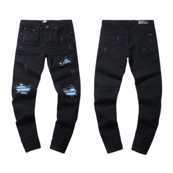 Black Denim Jeans with Blue Lined Distressing